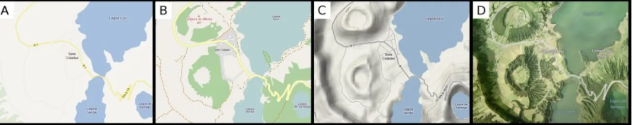 Figure 4.1. Examples of base layers from WMS. A) Google Maps Roads, B)  OpenStreetMaps, C) Google Maps Physical and D) Bing Maps Aerial