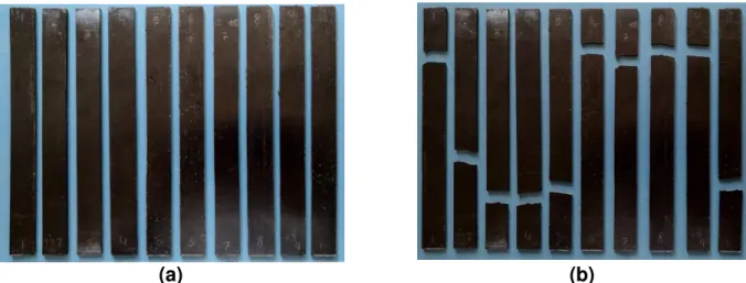 Figura 18: Corpos de prova para tração do compósito extrusado de HIPS com  argila Cloisite Na (a) antes e (b) após ensaio