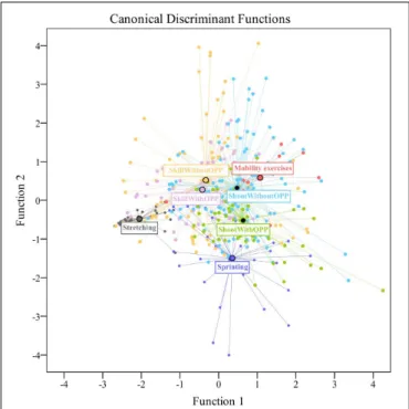 FIGURE 3 | Territorial map of discriminant functions for the task categories of the elite warm-up.