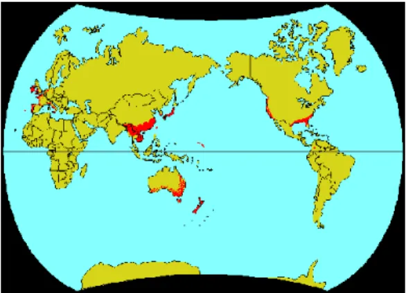 Fig. 2 – Distribuição mundial da cameleira  (  as zonas  representadas a vermelho indicam a  presença  da  cameleira) (Fonte: Peper, 1998)