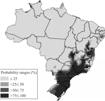 Figure 3.  Map  of  predicted  climatic  favorability  for  Drosophila suzukii establishment in Brazil in a scenario with  temperature  stress