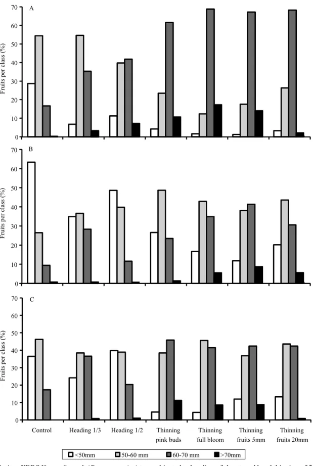 Figure 4. Fruits of 'BRS Kampai' peach (Prunus persica) tree subjected to heading of shoots and hand thinning of flowers and  fruits, distributed in the following diameter classes: &gt;70 mm, 60 to 70 mm, 50 to 60 mm, and &lt;50 mm, in the 2013 (A), 2014  