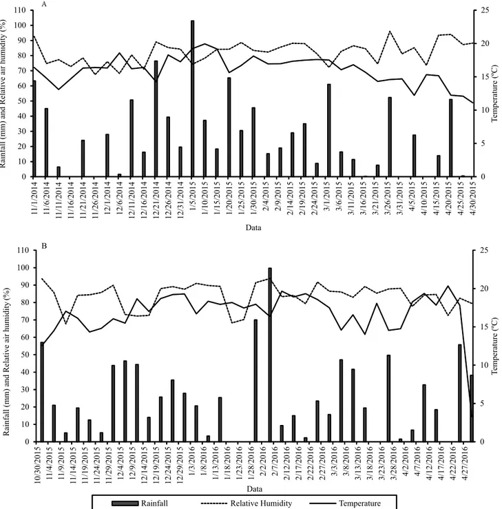 Figure 1. Cumulative rainfall (mm), relative air humidity (%), and mean air temperature (ºC) in the municipality of São  Joaquim, in the state of Santa Catarina, Brazil, during the 2015 (A) and 2016 (B) vintages of 'Cabernet Sauvignon' (Vitis  vinifera).
