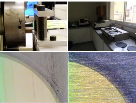 Figure 10. Results of using a fly-cutter with diamond tools (left) versus a fast fiber polishing with sand paper (right) up to #1500 (1500 grits cm −2 )