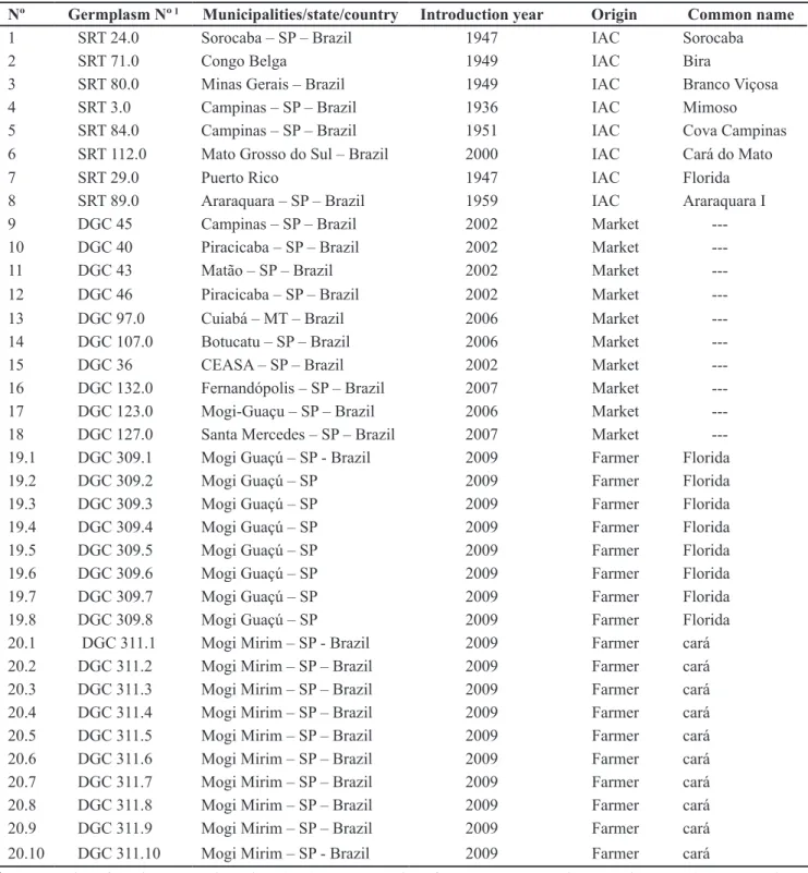 Table 1.  List of 36 Dioscorea alata accessions used in this study, including their origin and common names (lista dos 36 acessos de Dioscorea  alata usados neste estudo, incluindo suas origens e nomes comuns)