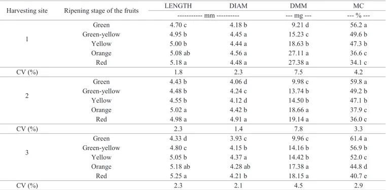 Table 2.  Length (LENGTH), diameter (DIAM), dry matter mass (DMM) and moisture content (MC) of seeds of A