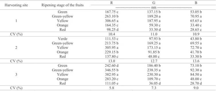 Table 4.  Mean values of reflectance of the fruits of  A. edulis harvested in different ripening stages under the color spectrum red (R),  green (G) and blue (B) in the municipalities of Santa Helena (1), Entre Rios do Oeste (2) and Guaíra (3), Paraná, Bra