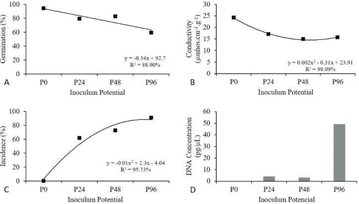 Figure 3. Performance of maize seeds inoculated with the isolate of Stenocarpella macrospora,  CMLAPS10,  at  different  inoculum potentials, P0 (0 h), P24 (24 h), P48 (48 h), and P96 (96 h)