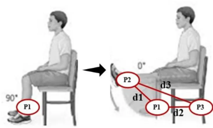 Figura 4: Modelo esquemático das distâncias mensuradas. Legenda: P1 = ponto de fixação da faixa com joelho  em 90° de flexão; P2 = ponto de fixação da faixa com joelho em extensão completa; P3 = ponto de fixação da  faixa em cadeira ajustável; d1 = distânc