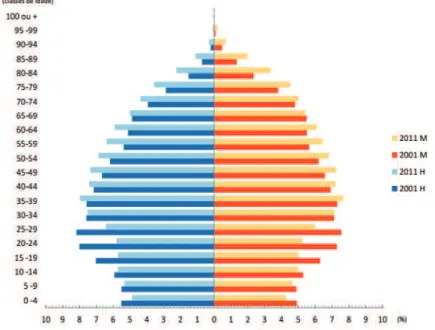 Gráfico 2 –  Estrutura etária da população residente por sexo, 2001 e 2011 (INE, 2012a:20) 