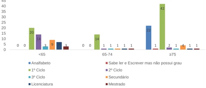 Gráfico 3 - Distribuição da amostra por nível de instrução de acordo com o grupo etário