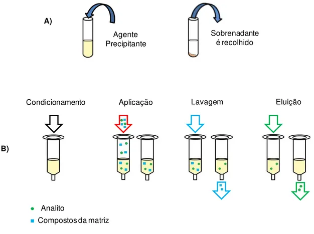 FIGURA 1.8  –  Representações esquemáticas das etapas dos preparos de amostra: A) PP e  B) SPE