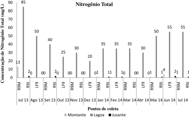 Figura 12: Concentração de Nitrogênio Total nos três pontos de coleta em todo o período de estudo