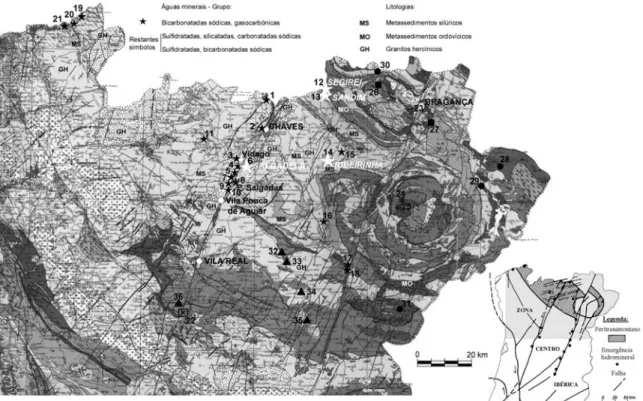 Figura 2 - Enquadramento geológico e geotectónico das zonas estudadas (base geológica adaptada de: Carta  Geológica de Portugal, escala 1:500 000, 1992)