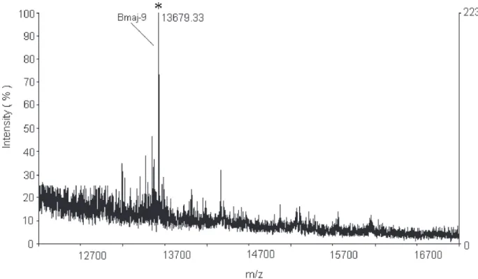 Figure 2. Bmaj-9 mass (13679.33 Da) determined by MALDI-TOF mass spectrometry.