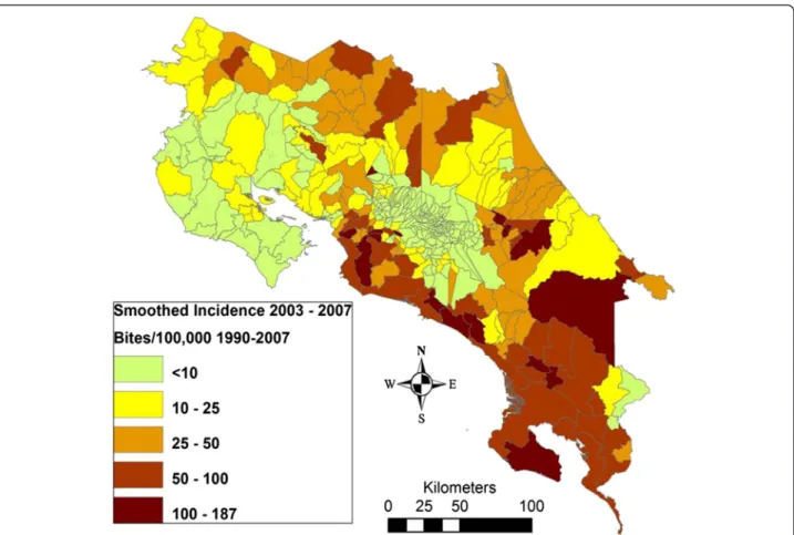 Figure 3 Incidence of snakebite in Costa Rica per district per 100,000 population (1990-2007)