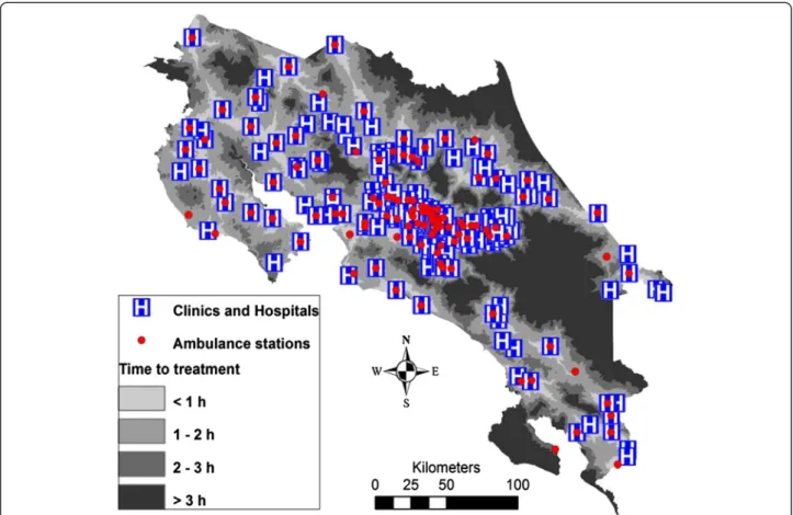 Figure 4 Distribution of hospitals, clinics and ambulance stations in Costa Rica, and estimated time to reach hospitals or clinics in various regions of the country