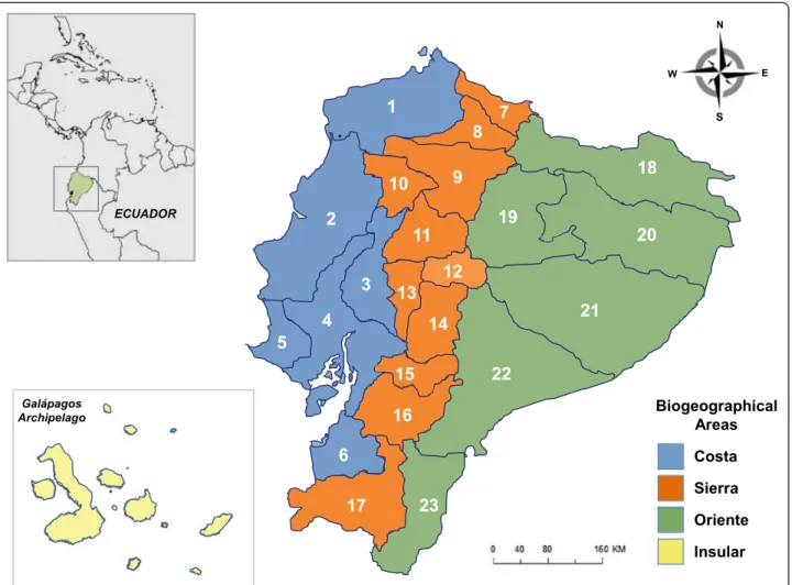 Fig. 2 Political provinces of Ecuador and biogeographical regions encompassing such provinces