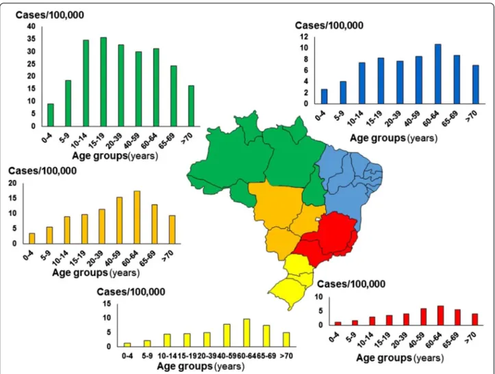 Fig. 4 Age-specific snakebite incidence (per 100,000 people) in Brazil according to age group and region
