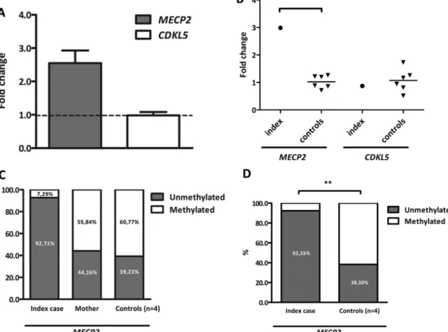 Fig. 2. MECP2 and CDKL5 mRNA expression levels and methylation status of MECP2. (A) qRT-PCR analysis revealed an upregulation of MECP2 mRNA levels (mean fold change for the three replicates: 2.55 ± 0.38) in the lymphocytes of the index case in comparison t