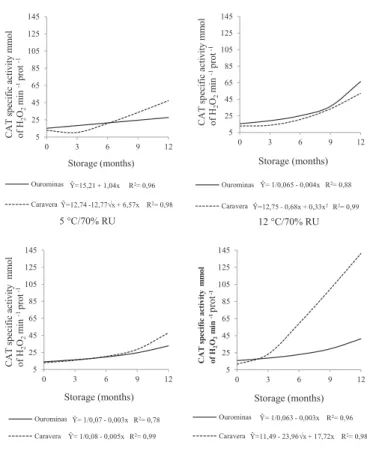 Figure  3.  Specific  activity  of  the  catalase  enzyme  (CAT)  (mmol of H 2 O 2  min  -1 µg of prot -1 ) in rice cultivar  seeds during storage in different environments.