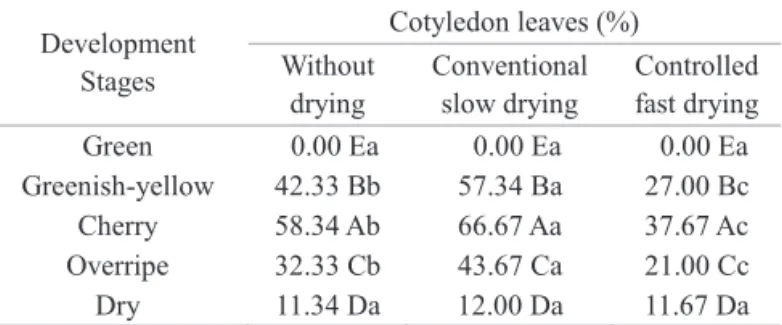 Table 4. Percentage of plants with expanded cotyledon leaves  derived from coffee seeds harvested at different  development  stages  and  submitted  to  different  drying treatments (1) .