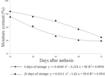 Figure 1. Moisture content of squash hybrid seeds before    drying from fruits harvested at 15, 30, 45, 60 and  75 days after anthesis (DAA) and stored for 0 and  20 days.