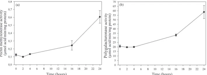 Figure 3.  Pectin methylesterase activity (a) and polygalacturonase (b) in embryonic axes isolated from Melanoxylon brauna  seeds during soaking at a temperature of 30 °C