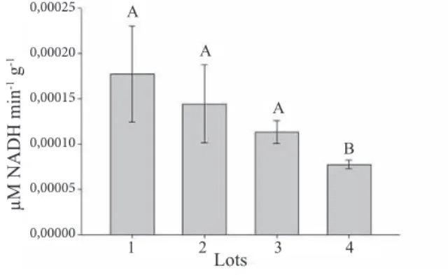 Figure 9.  Quantification  of  the  alcohol  dehydrogenase  enzyme  activity,  in  lots  of  sunflower  seeds  with  different levels of vigor by spectrophotometry.