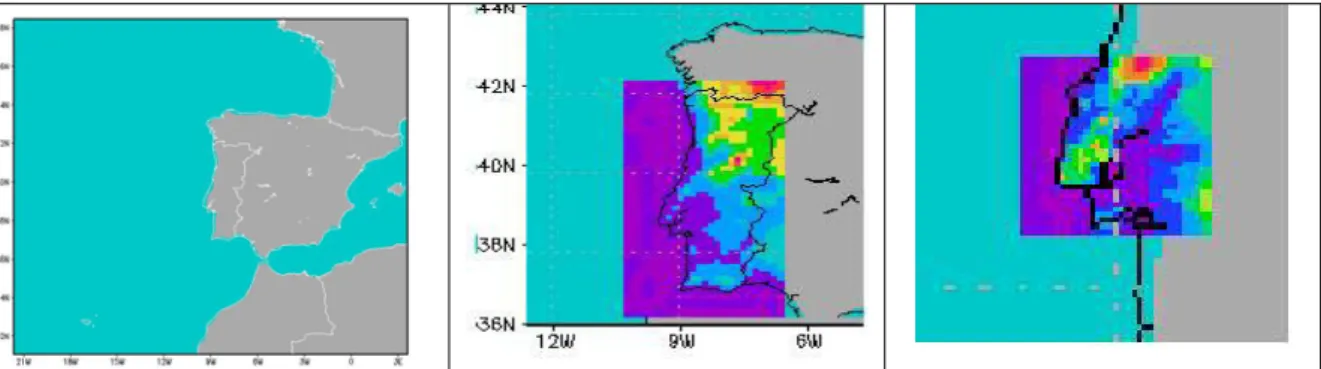 Figura 5.3. Domínios usados nas  simulações. Da esquerda para  a direita,  Atlântico Norte,  Portugal Continental e Lisboa e Vale do Tejo. 