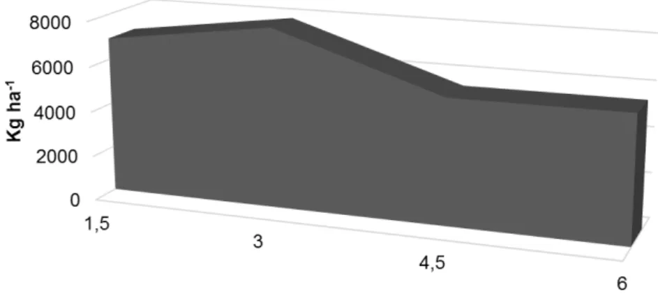 Figura  5.  Deposição  total  de  serapilheira  em  lavoura  cafeeira  arborizada  no  período  de  outubro  de  2016  a  setembro  2017,  somatório  de  nove  coletas, em função das distâncias das árvores