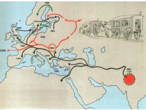 Figura 1. A dispersão das populações ciganas a partir da Índia em direcção à Europa Ocidental (imagem in  www.vurdon.it/itinerario.jpg).