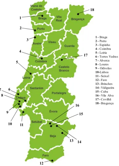 Figura 3. Mapa de Portugal indicando a localização das zonas de colheita das amostras dos 127 indivíduos  da população cigana portuguesa