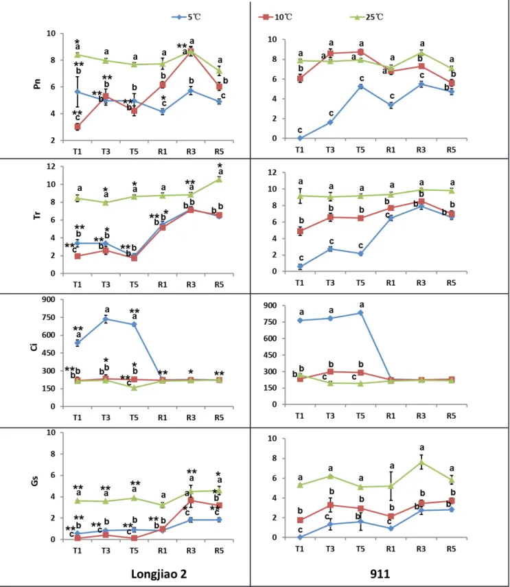 Figure 1. Changes in Pn, Gs, Ci and Tr after treatment of ‘Longjiao 2’ and ‘Zhejiao 911’ with different temperatures (variações no Pn,  Gs, Ci e Tr após o tratamento de ‘Longjiao 2’ e ‘Zhejiao 911’ com diferentes temperaturas)