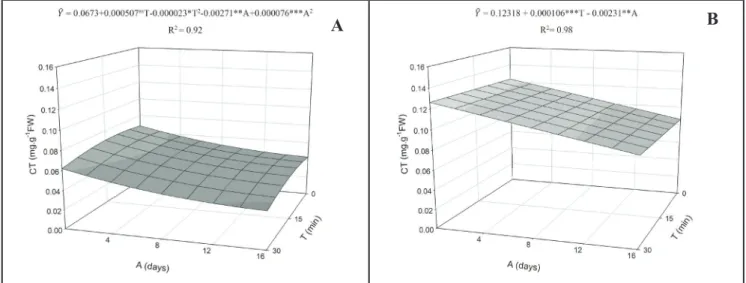 Figure 2. Estimation of total chlorophyll content (CT) (mg/g FW) in okra cultivars Amarelinho (A) and Mammoth Spineless (B) stored at  5°C, depending on time of immersion (T) in water at 40°C (not immersed, 15 and 30 minutes immersed) and the sampling days