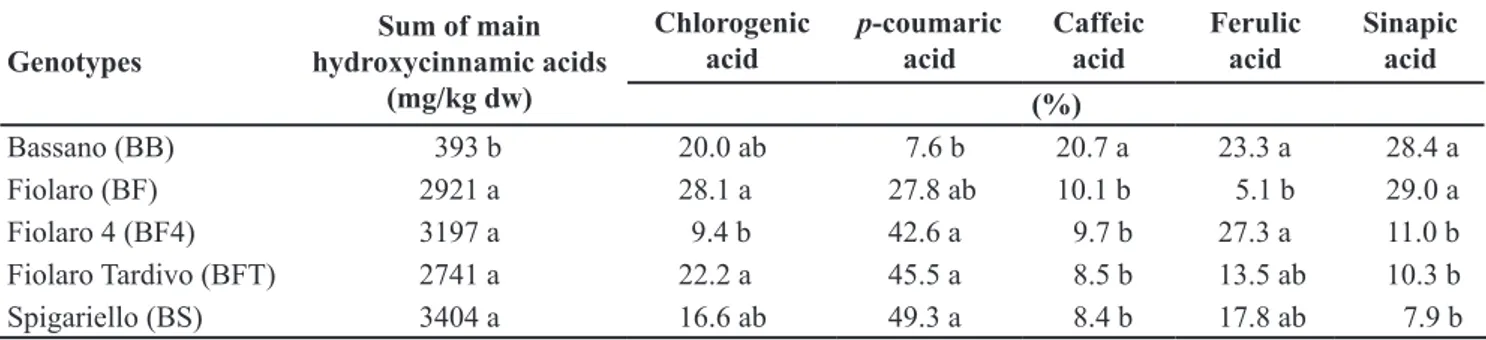 Table 2. Sum of main hydroxycinnamic acids and their amount (%) in different Italian broccoli landraces (soma dos principais ácidos  hidroxicinâmicos e seu valor (%) em diferentes variedades crioulas de brócolis italianos)