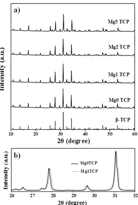 Fig. 1.   (a) X-ray diffraction patterns of undoped (Mg0TCP) and Mg-doped (Mg1−5 TCP) starting β- β-TCP powders (heat treated at 800ºC); (b) Zoomed area of Fig