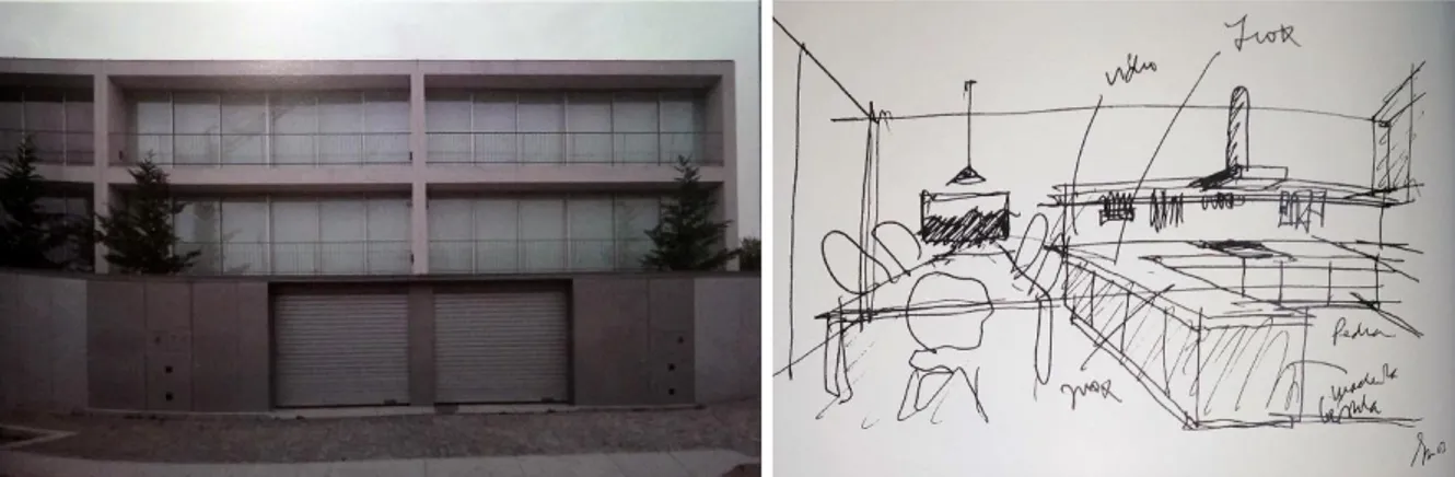 Figura 20 e 21 – Projeto Casas em Banda Quinta da Avenida, Av, da Boavista, no Porto, de Eduardo  Souto de Moura (à esquerda fotografia do edifício, e à direita esboço do arquiteto) 