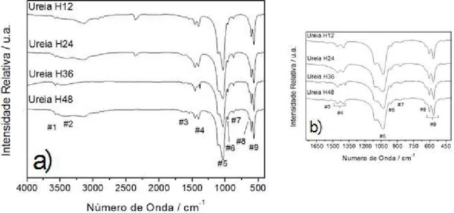 FIGURA  4.2:  Espectros  na  região  do  Infravermelho  com  transformada  de  Fourier  (FTIR) das amostras submetidas ao envelhecimento hidrotermal de 12 a 48 horas