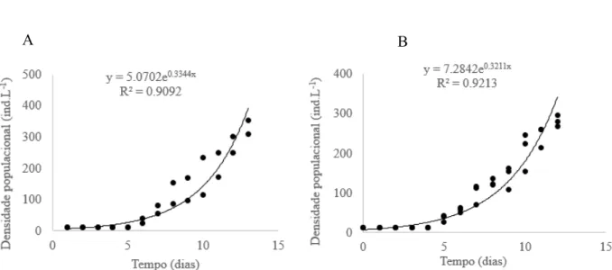 Figura 7: Curvas de crescimento exponencial de Daphnia laevis alimentadas somente com algas (A)  e com 50% de Pistia stratiotes e 50% de alga (B)