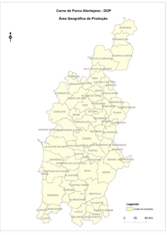 Fig. 11 Área geográfica de produção do porco Alentejano (Fonte: http://ptqc.drapc.min-agricultura.pt,  2016)