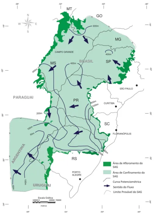 Figura 2  – Compartimentação do fluxo das águas subterrâneas do Sistema Aquífero Guarani  –  SAG,  a partir das áreas de recarga