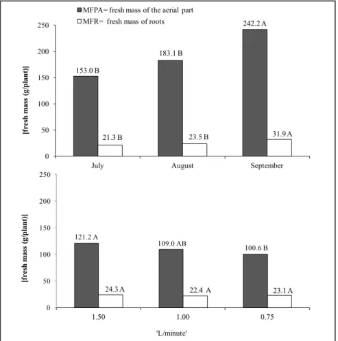 Figure 1.  Fresh weight of aerial part and roots of lettuce (g plant -1 ) (cv. Lucy Brown), grown  in hydroponics during three cycles of culture from July to September 2006 and three flow  rates of nutrient solution (massa fresca de parte aérea e raiz de a