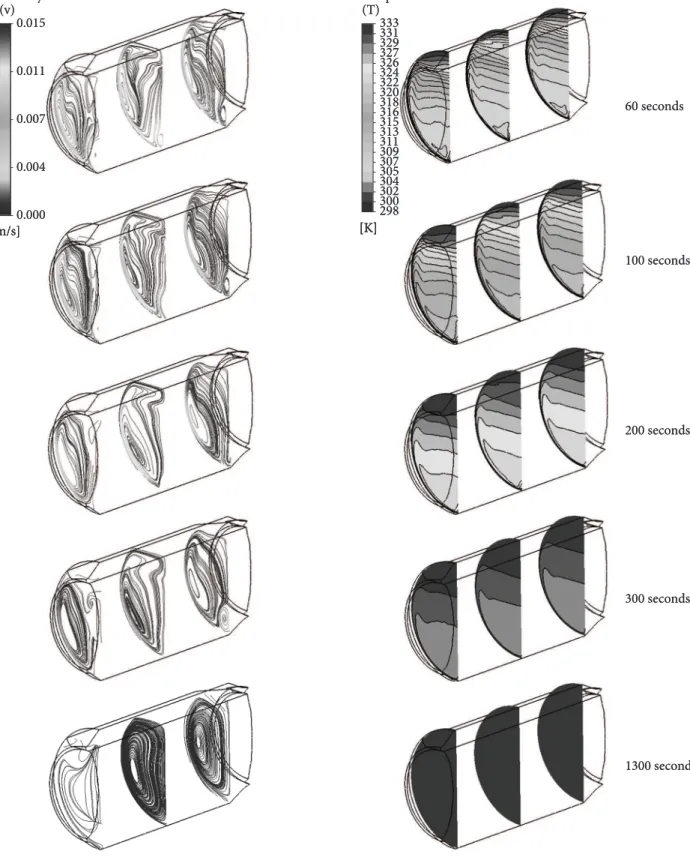 Figure 4. Streamlines for water velocity and thermal profiles in heating (60 °C/1,300 seconds) in commercial can at 60, 100, 200, 300, and  1,300 seconds: horizontal orientation (planes at 10, 50, and 90% of the major can axis).