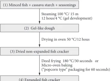 Figure 1. Fish crackers production fluxogram highlighting the analysis  performed in steps (3) and (4).