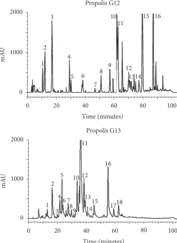 Figure 1. RPHPTLC of ethanolic extracts of Brazilian propolis groups  12 and 13.