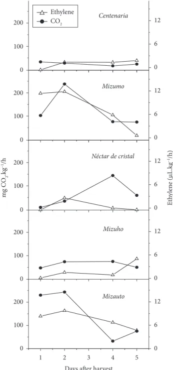 Figure 1. Respiration (-●-) and ethylene production (-Δ-) profiles after  fruit harvest for five loquat cultivars