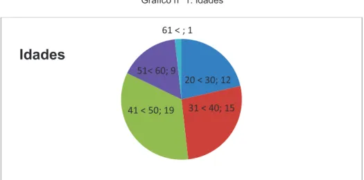 Gráfico nº 1: Idades   20 &lt; 30; 12   31 &lt; 40; 15  41 &lt; 50; 19  51&lt; 60; 9  61 &lt; ; 1 Idades 