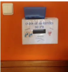 Figura  4:  Fotografia  de  autora  -  Caixa  das  Sugestões  do  3ºB  -  Dispositivo  pedagógico  localizado  à  entrada da sala de aula