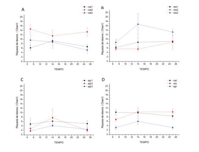 Figura 7. Média (± erro padrão) da riqueza de táxons de macroinvertebrados aquáticos, medida pelo  índice de Chao1, associados a bolsas de decomposição ao longo do experimento, para cada um dos  riachos naturais (A), em restauração (B) e agrícolas (C), e v